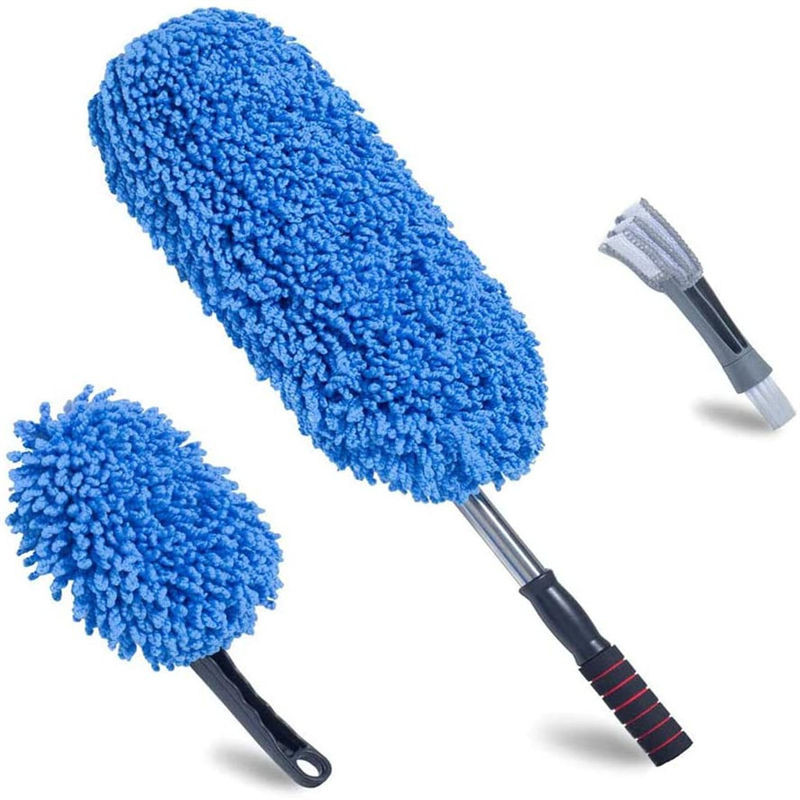 3Pcs Blue Soft Duster Car Detailing Brush Μικροϊνούχο κράμα Τετράγωνη βούρτσα με μακρύ λαβή